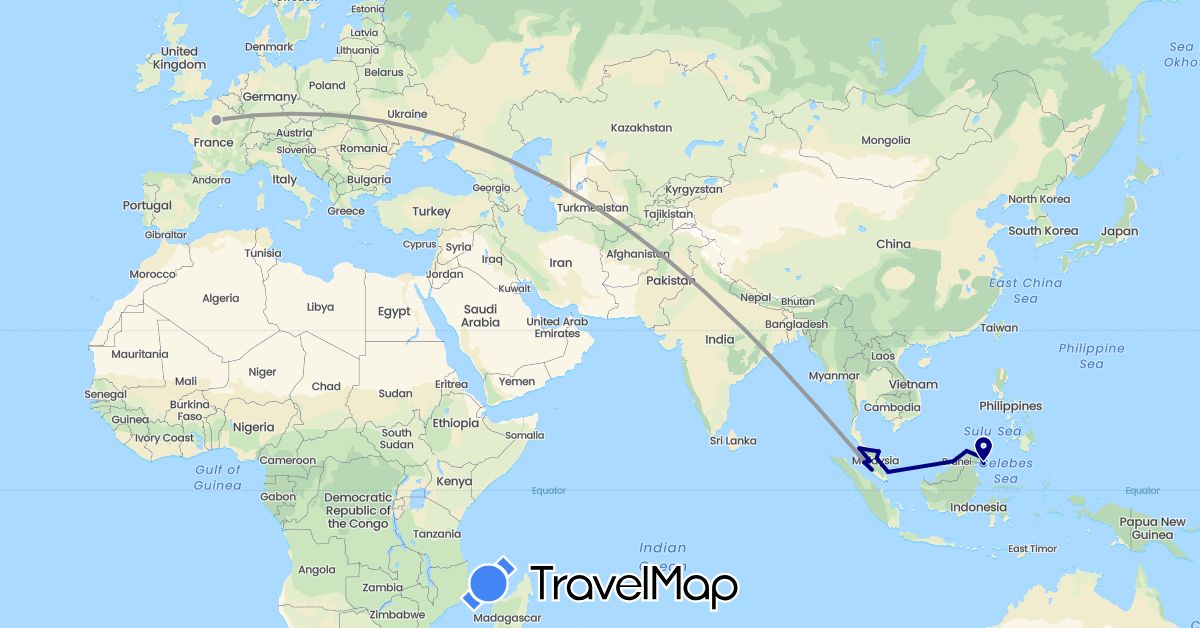 TravelMap itinerary: driving, plane in France, Malaysia (Asia, Europe)